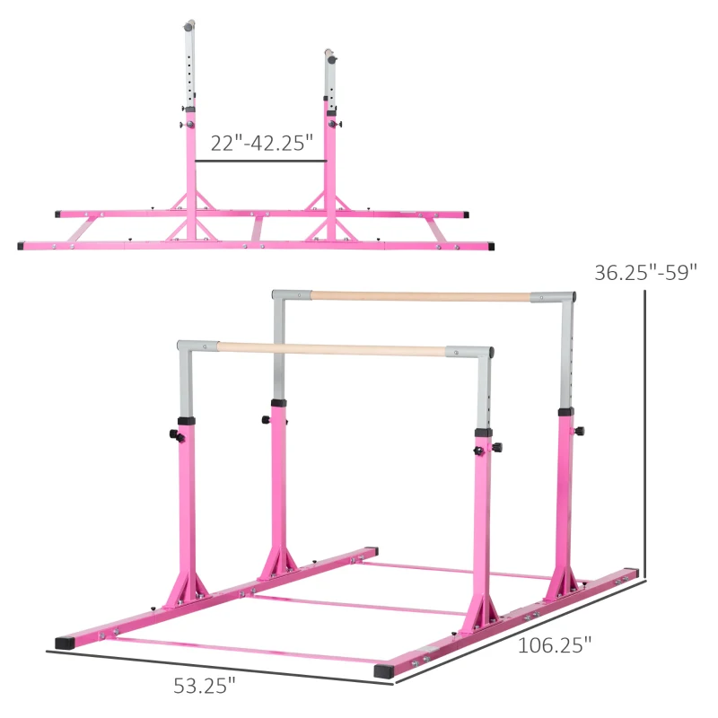Qaba Double Horizontal Bars, Junior Gymnastic Training Parallel Bars with Double-locking System 13-level 36"-59" Adjustable Heights, 6-level Adjustable Width for Indoor Outdoor, Pink