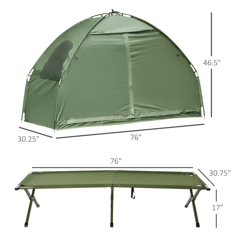 Outsunny Compact Pop Up Portable Folding Outdoor Elevated Camping Cot Tent Combo Set Dark Green