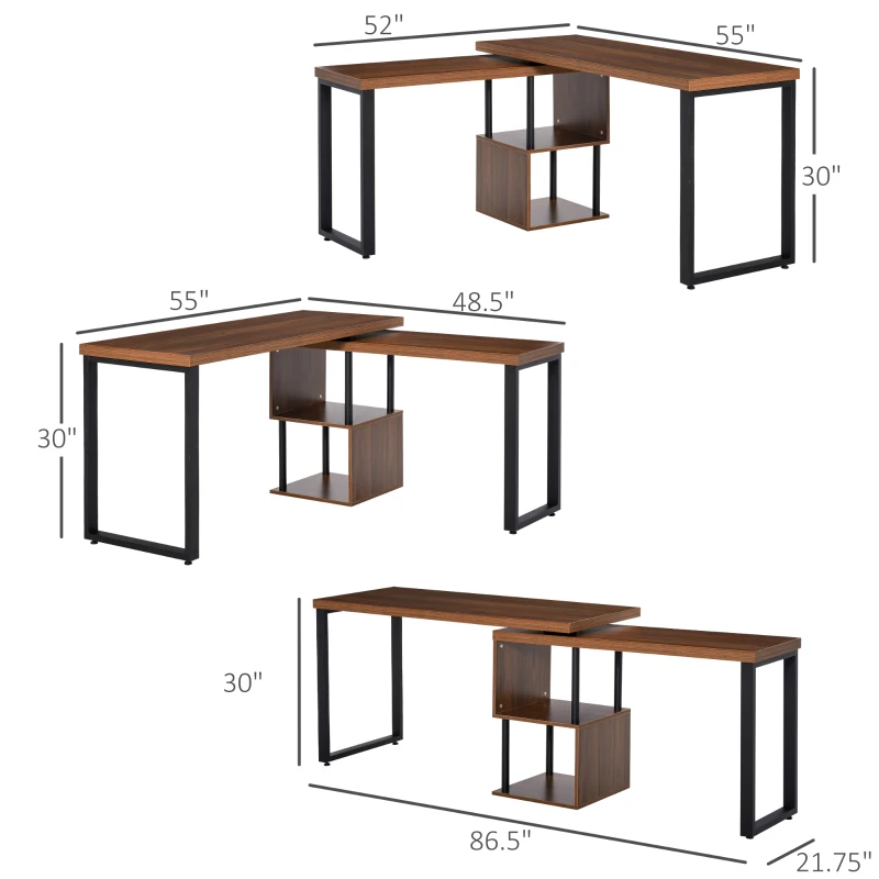 HOMCOM Corner Rotating L-Shaped Office Table Computer Desk with Storage Shelf Brown