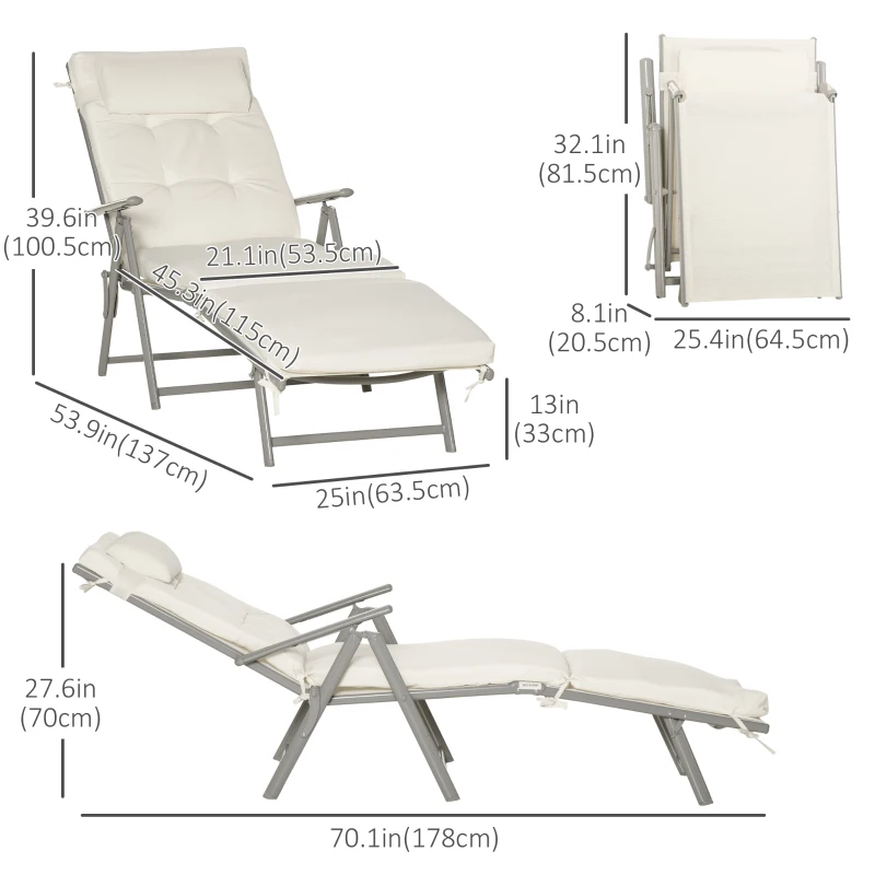 Outsunny Outdoor Folding Chaise Lounge Chair Recliner with Portable Design, Adjustable Backrest, Cushion and Headrest, Cream White