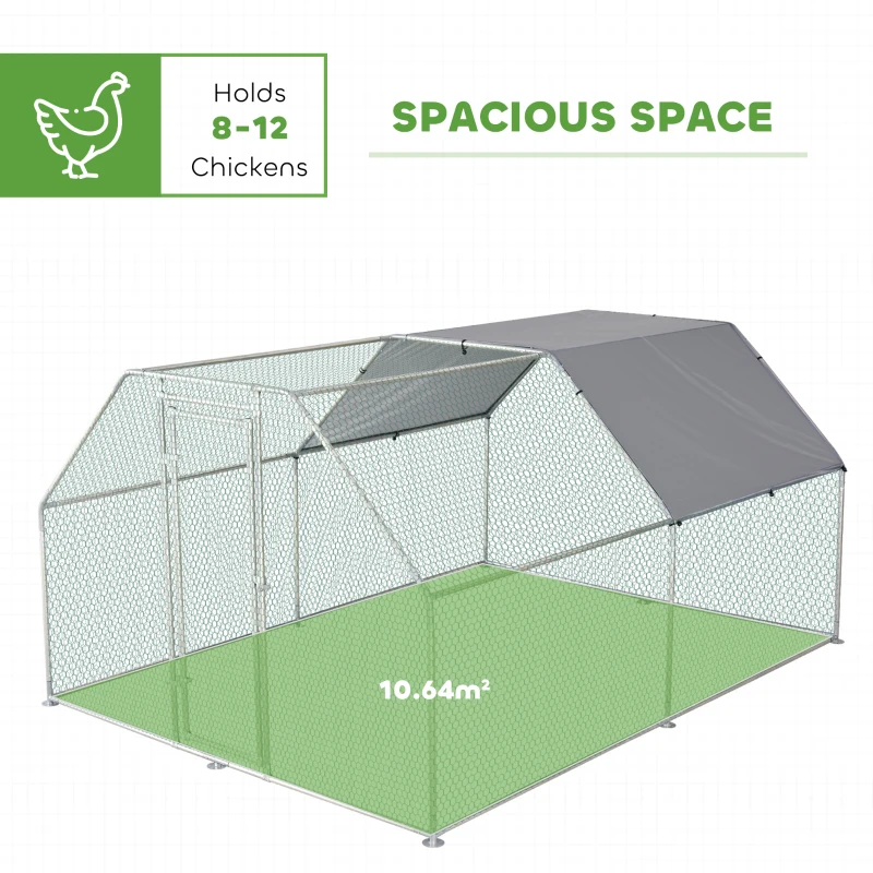 PawHut 9.2' x 12.5' Metal Chicken Coop, Galvanized Walk-in Hen House, Poultry Cage Outdoor Backyard with Waterproof UV-Protection Cover for Rabbits, Ducks