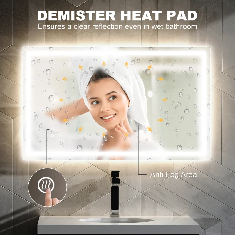 HOMCOM 39" x 24" Bathroom Mirror with LED Lights, Wall Mounted Vanity Mirror with Anti-Fog Pad and Touch Button, Clear