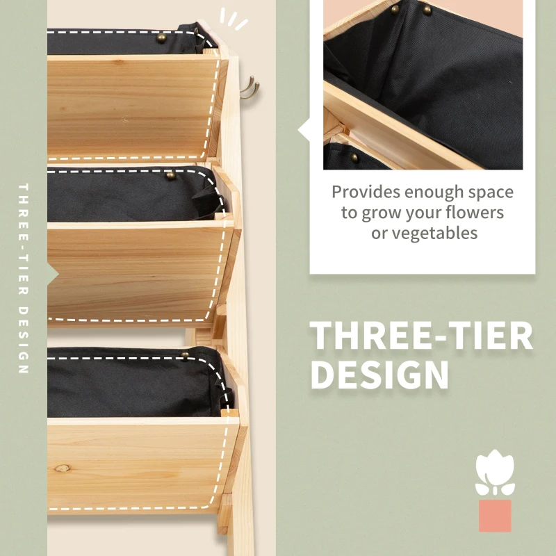 Outsunny 3-Tiers Vertical Raised Garden Bed, Wooden Elevated Planter Boxes, Plant Stand with Side Hooks & Storage Clapboard, Drainage Holes, Bed Liner, for Flowers Herbs Vegetables