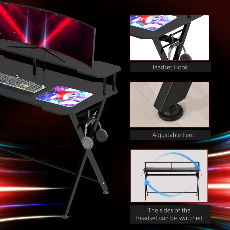 HOMCOM 55 inch Gaming Desk, Racing Style Computer Office PC Gamer Workstation with Elevated Monitor Stand, Headphone Hook, Black