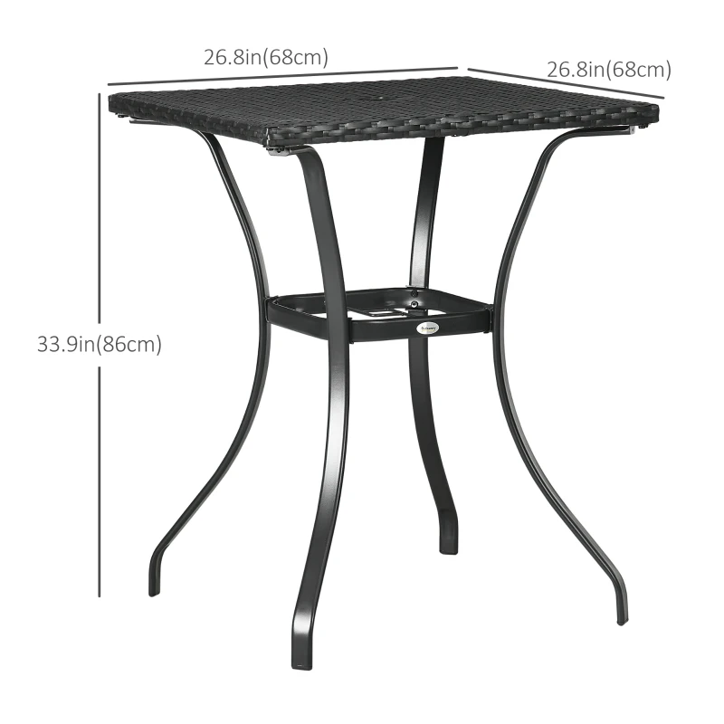 Outsunny Patio Wicker Dining Table with Umbrella Hole, 34 Inch Outdoor PE Rattan Coffee Table with Plastic Board Under the Woven Table Top for Patio, Garden, Balcony, Black