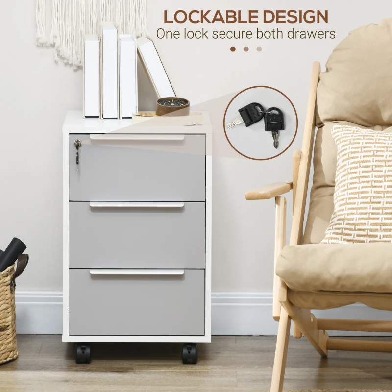 HOMCOM 3 Drawer File Cabinet with Wheels, Vertical Filing Cabinet with Lock, Grey