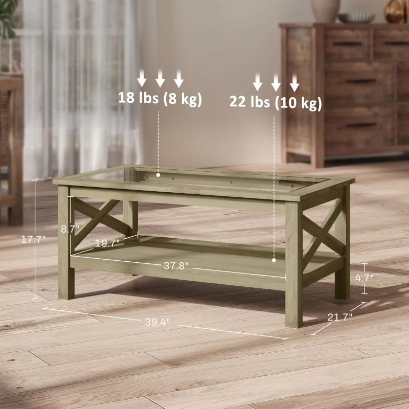 HOMCOM Coffee Table with Tempered Glass Tabletop, Living Room Table with Wood Frame and Underneath Storage Shelf, Gray