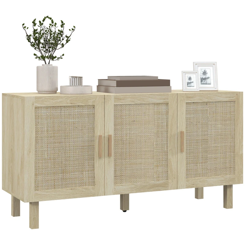 HOMCOM Boho Sideboard Buffet Cabinet with 3 Rattan Doors, Kitchen Cabinet with Adjustable Shelves, Natural