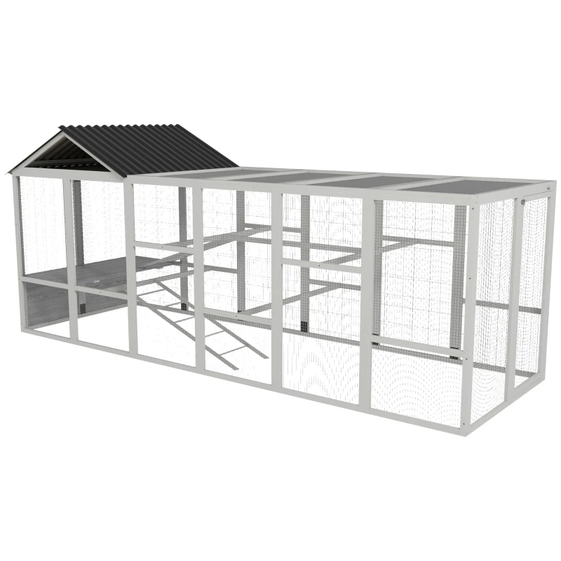 PawHut 142" Outdoor Wooden Chicken Coop with Run, Ramps, Perches, Storage, Combinable Design for 6 - 10 Chickens, Grey