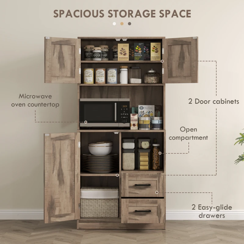 HOMCOM 60" Kitchen Pantry Storage Cabinet, Farmhouse Kitchen Hutch w/ Microwave Oven Countertop, Adjustable Shelves, Gray Wash