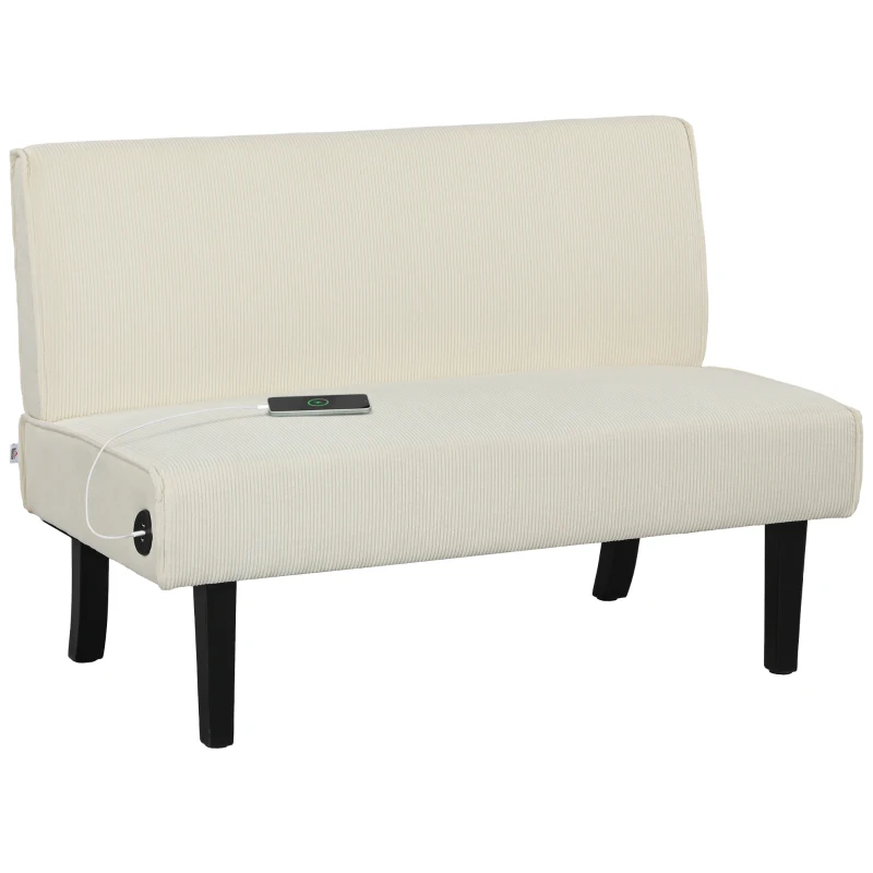 HOMCOM 46.5" Loveseat Couch with USB Ports, Corduroy Love Seat Sofa with Wood Legs for Living Room, Bedroom, Small Space, Cream