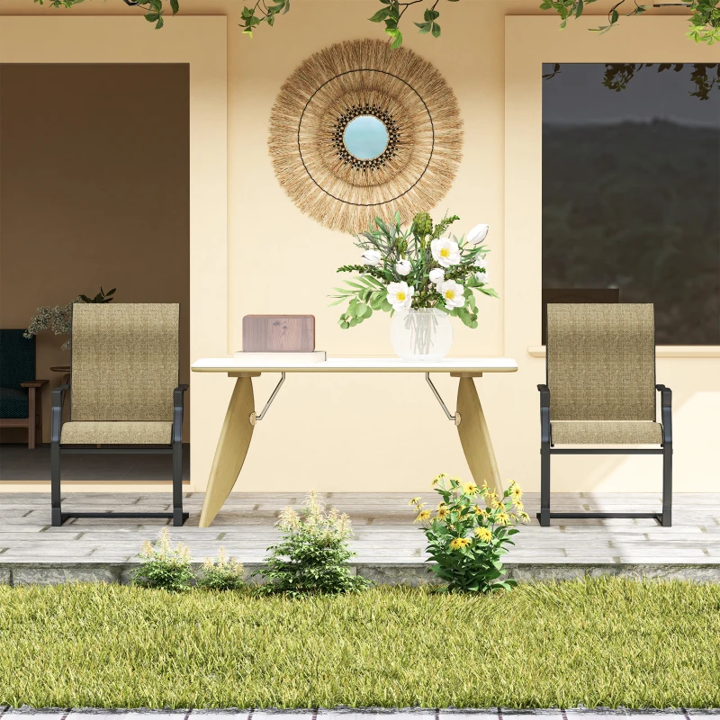 Outsunny C Spring Patio Dining Chairs Set of 2 with High Backrest, Armrest, Breathable Fabric & Metal Frame, 256LBS, Light Brown