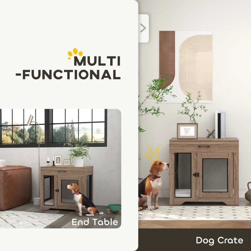PawHut Dog Crate Furniture with Soft Water-Resistant Cushion, Drawer, for Small Dogs, Brown