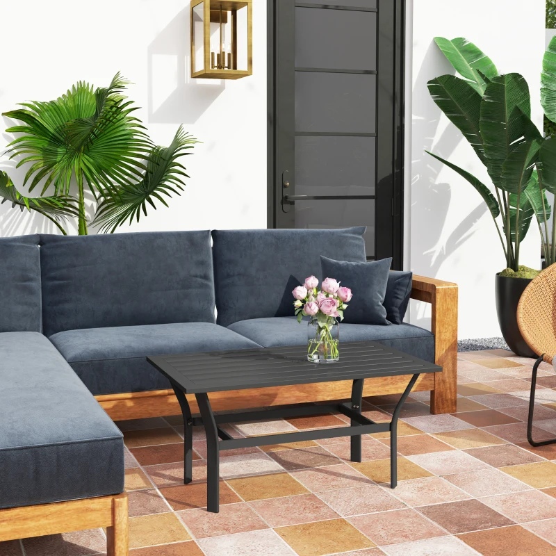 Outsunny Outdoor Coffee Table with Slatted Tabletop, All-Weather Rectangle Metal Patio Coffee Table for Garden, Black