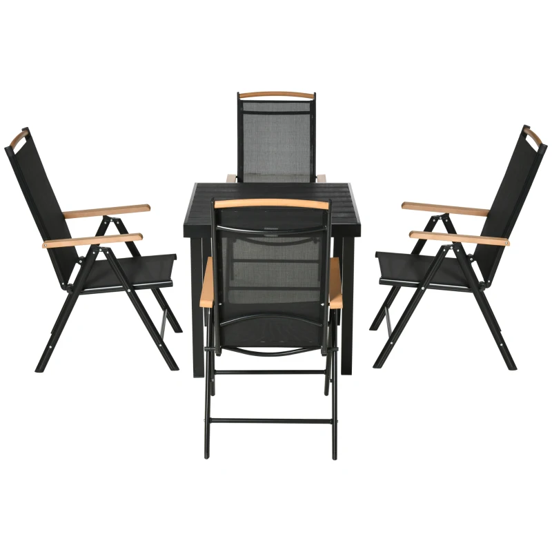 Outsunny 5 Piece Outdoor Furniture Patio Dining Set For 4, Square Outdoor Dining Table, Adjustable Reclining Folding Chairs, Black