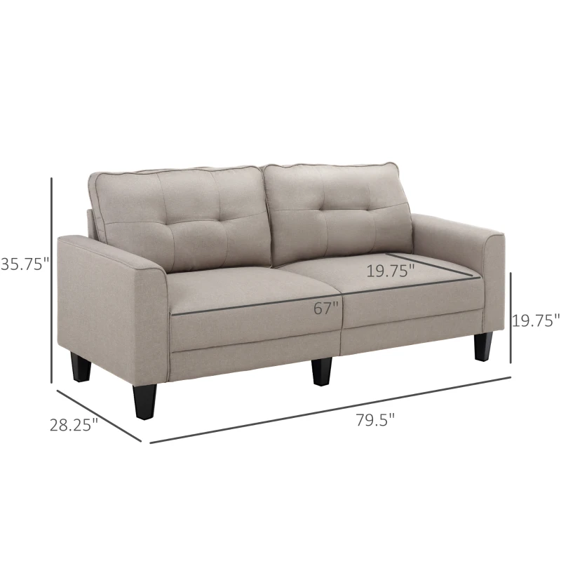 HOMCOM 3-Seater Sofa, Mid-Century Linen Couch with Upholstered Seat, Button-Tufted Back Cushion and Rubber Wood Legs for Living Room, Bedroom, Beige