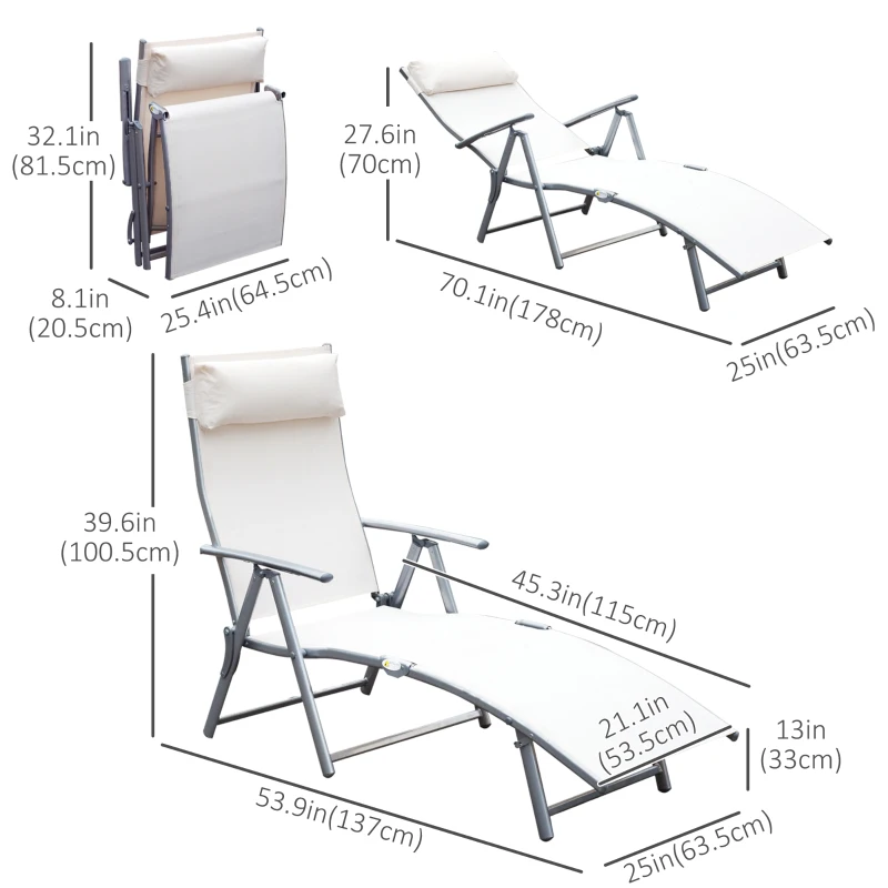 Outsunny Heavy-duty Adjustable Folding Reclining Chair Outdoor Sun Lounger Patio Chaise Lounge Garden Beach Gravity Lounge with Pillow, 7 Adjustable Backrest Positions, Cream