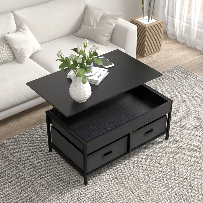 HOMCOM Industrial Coffee Table, Lift Top Coffee Table with Storage, Live Edge Coffee Table with Open Shelves and Fabric Boxes