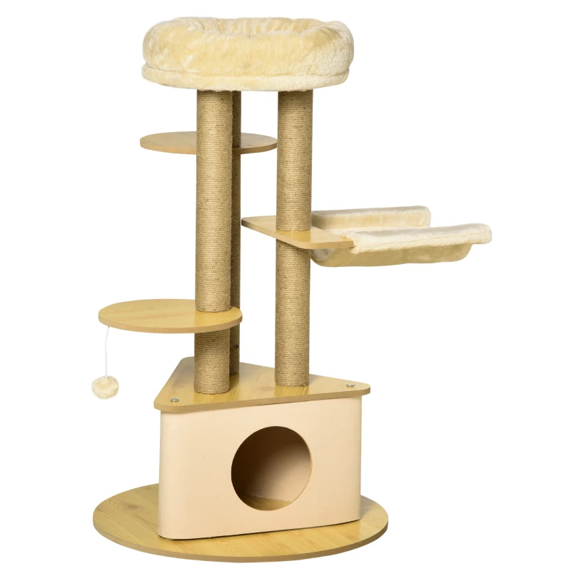 PawHut Cat Tree Tower Multi-Level Kitten House with Scratching Post Condo Hammock Bed Ball Toy - 23.5 x 23.5 x 39 Inches, Yellow