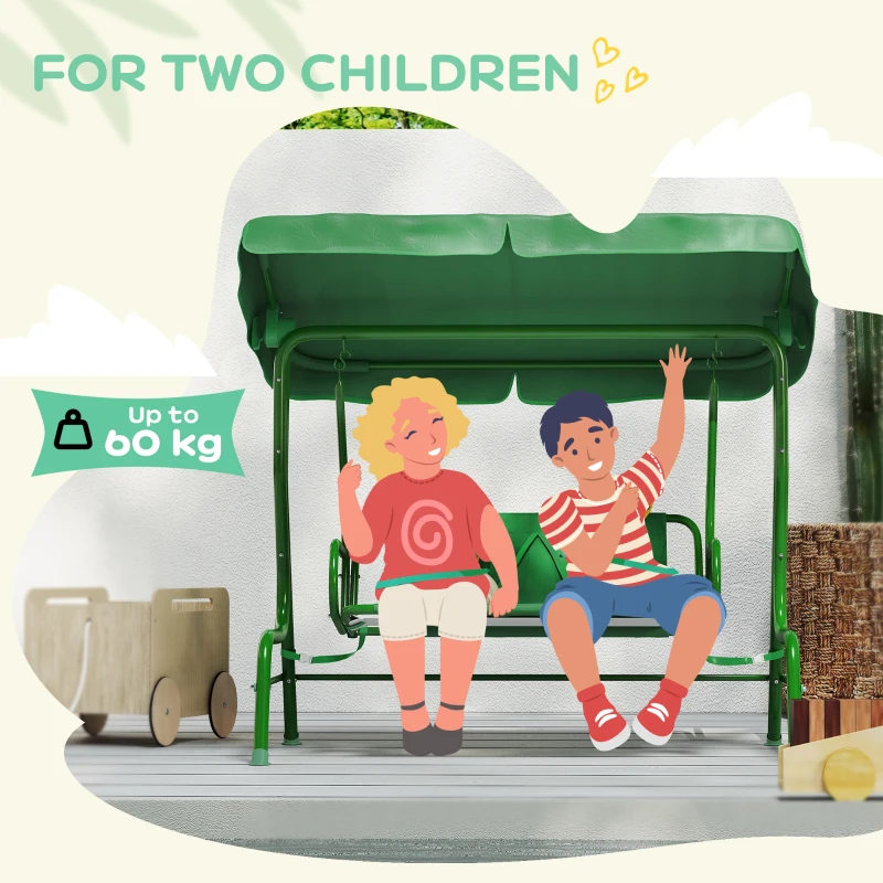 Qaba Kids Patio Swing Chair with Adjustable Canopy, Safety Belt for Patio, Garden, Poolside, Balcony, Dark Green