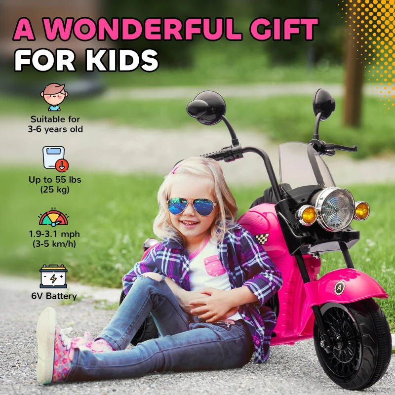 Qaba 6V 3 Wheel Electric Motorcycle for Kids, Battery Powered Motorbike w/ Headlights, Music, Forward & Reverse, Pink