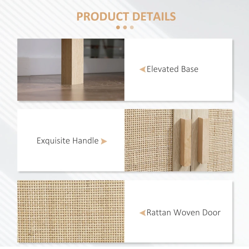 HOMCOM Boho Kitchen Cabinet, Buffet Cabinet with 3 Rattan Doors and Adjustable Shelves for Dining Room, Natural