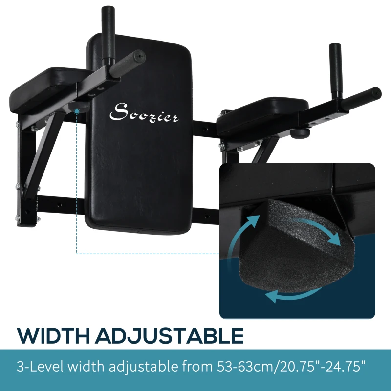 Soozier Wall Mounted Dip Station Multi-Function Power Tower Set Home Gym Pull Up Bar Chin Up Exercise Bar Knee Raise Triceps Leg Dipping Raise Rack Black