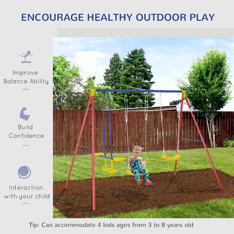 Outsunny Metal Swing Set with 2 Seats Glider A-Frame Stand Adjustable Hanging Rope for Backyard Playground Outdoor Playset for Kid Age 3-8 Years Old 352lbs
