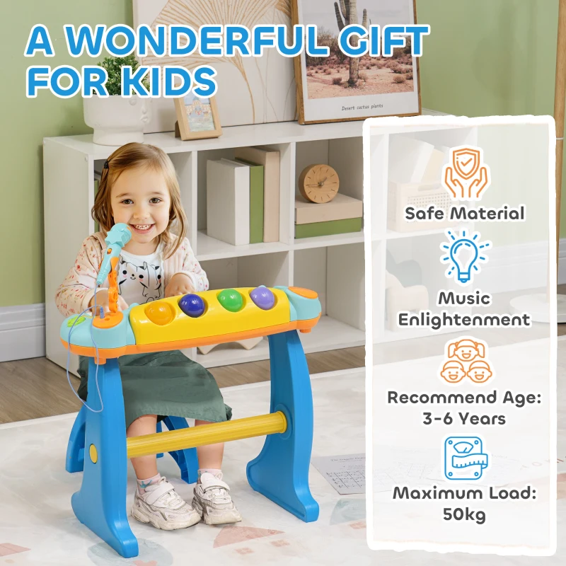 Qaba 37 Key Kids Piano Keyboard with Microphone, Stool, for 3-6 Years, Blue