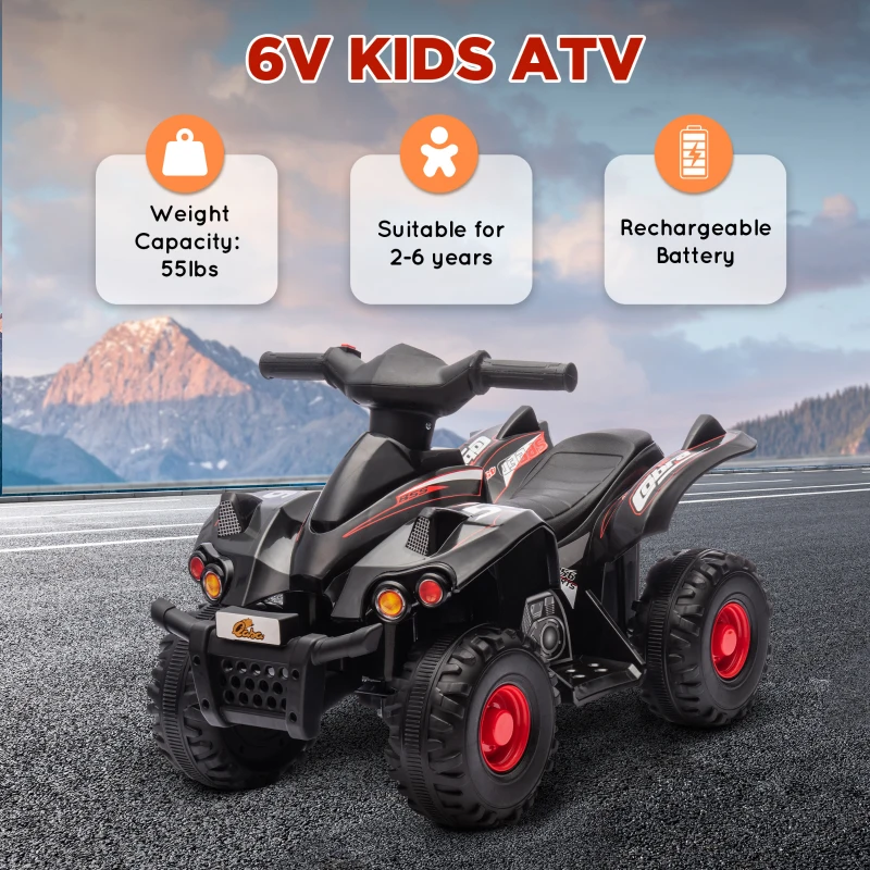 Qaba 6V Kids ATV, 4 Wheeler Quad Car w/ Music for 2-6 Years, Black