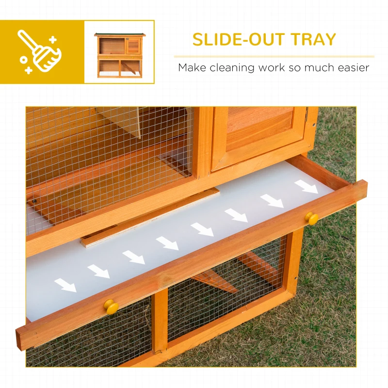 PawHut Wooden Rabbit Hutch, Indoor Outdoor Bunny Cage with Run, 2- Level Guinea Pig House with Slide-Out Tray, Waterproof Roof, Yellow