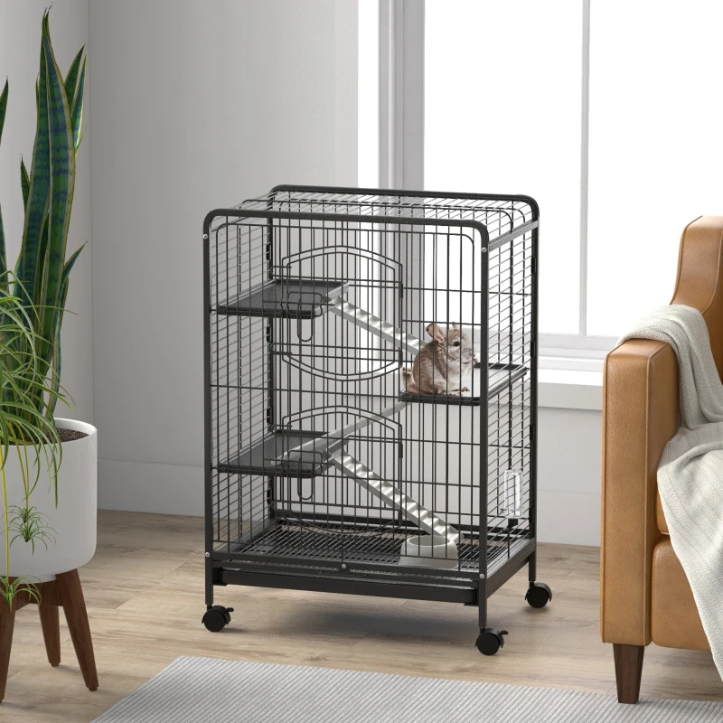 PawHut 4-Tier Small Animal Cage Pet Playpen for Rabbit Ferret Chinchilla on Wheels with Removable Tray Platform Ramp Food Dish Water Bottle, 24" x 17" x 37"