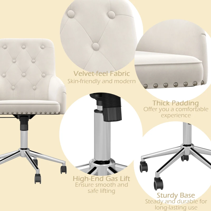 HOMCOM Modern Mid-back Desk Chair with Button Tufted Velvet Back, Nailhead Trim, Swivel Home Office Chair with Adjustable Height, Curved Padded Armrests, White