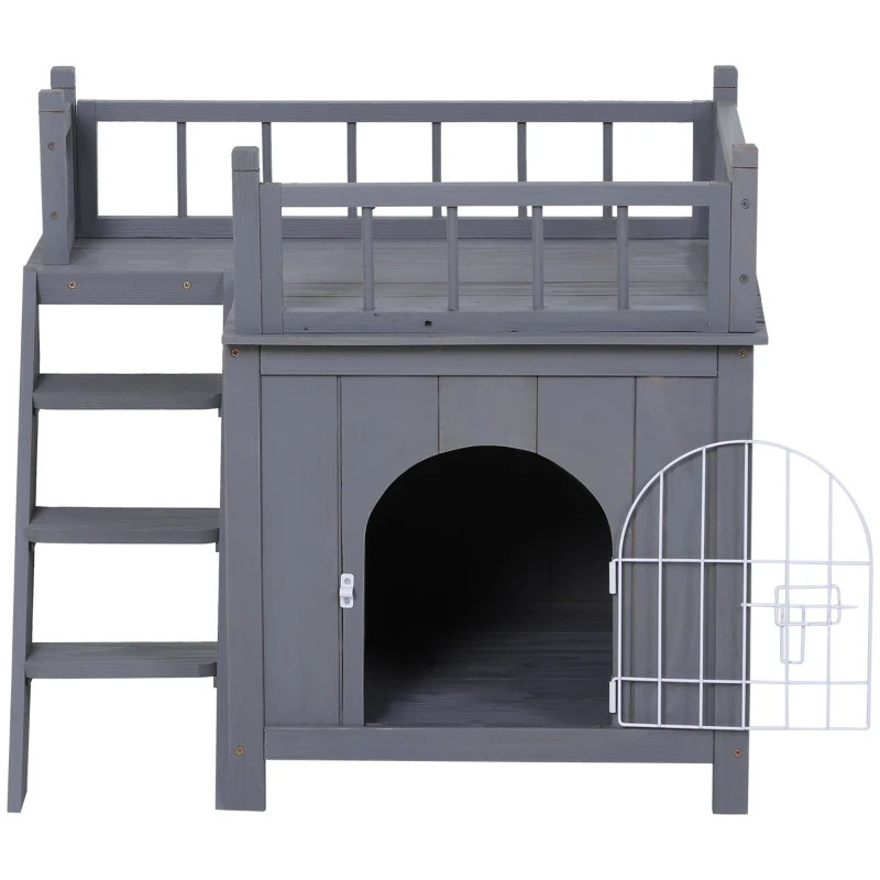 PawHut 2-Story Pet House for Cats Miniature Sized Dogs, Wooden Kitten Shelter with Enclosure, Balcony, Lockable Gate, Stairs, Grey