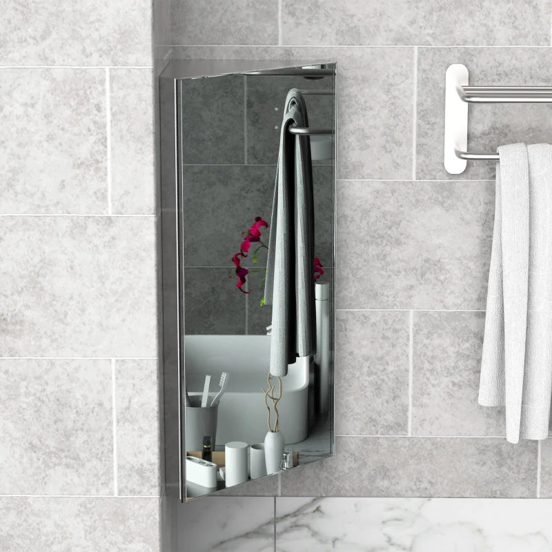 HOMCOM Wall mounted Bathroom Corner Mirror Storage Cabinet Stainless Steel with Single Door