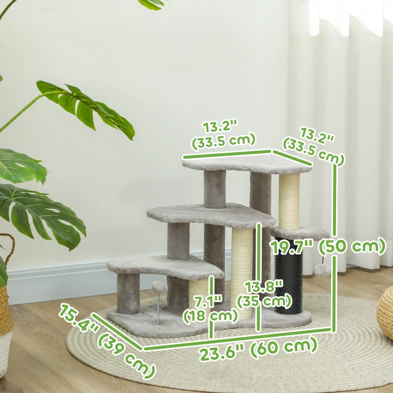 PawHut 2 in 1 Cat Tree 3 Steps Pet Stairs with Scratching Posts, Tickling Post, Toy Balls, for Bed, Couch, Sofa, Light Grey