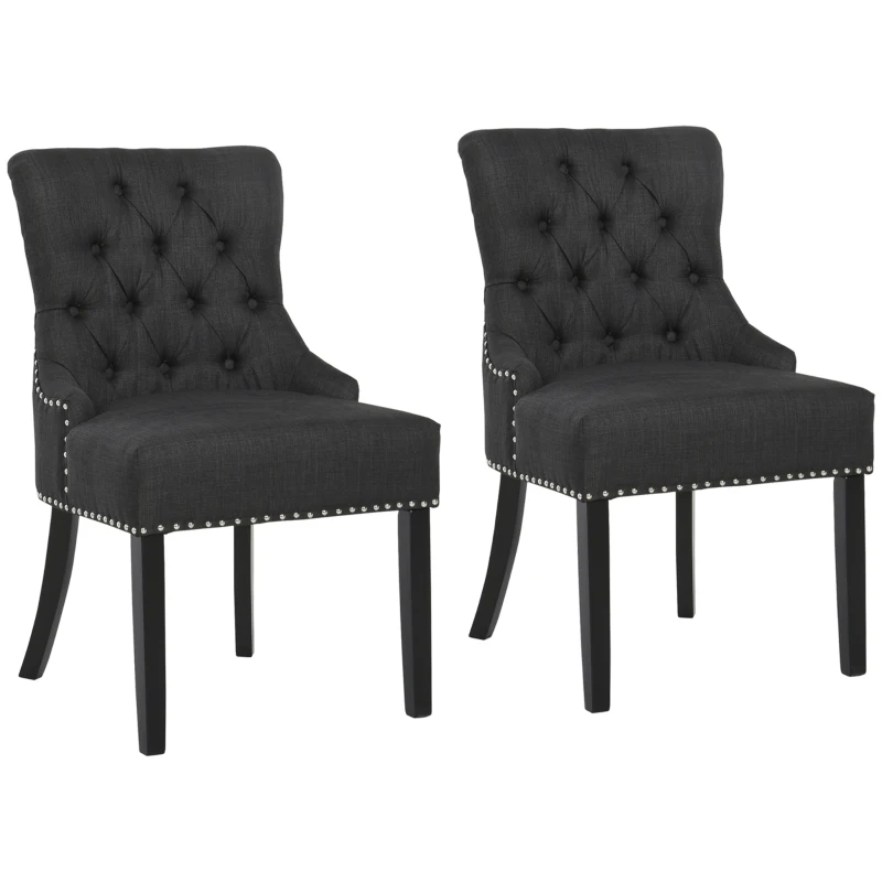 HOMCOM Swoop Air Linen Fabric Dining Chair Set of 2 with Nailhead Trim and Wood Legs, Dark Grey