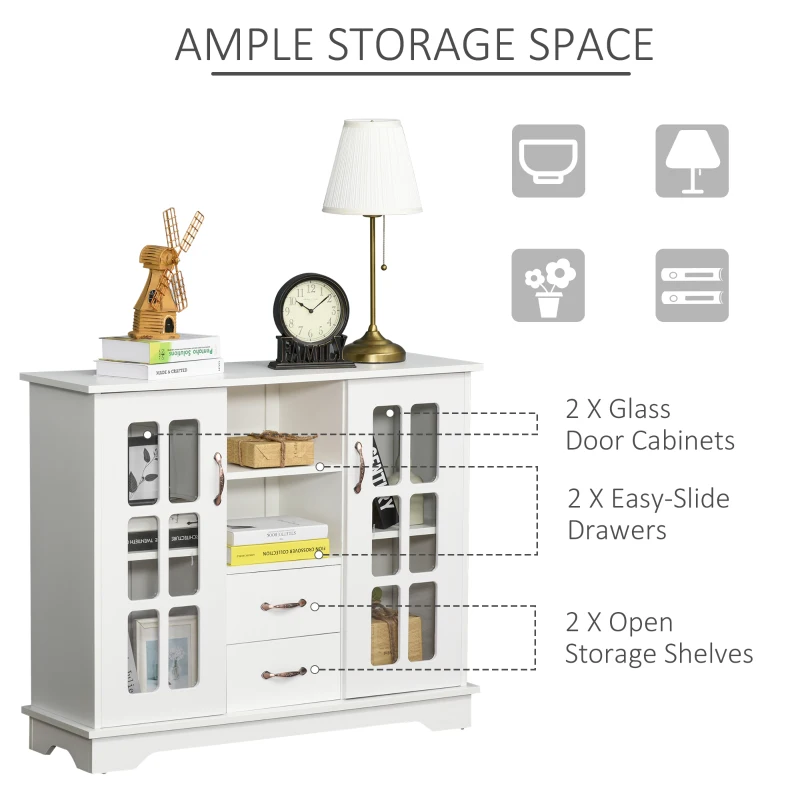 HOMCOM Modern Kitchen Sideboard with 2 Drawers, Coffee Bar Cabinet with Glass Doors Storage Cupboard and Open Shelf, White