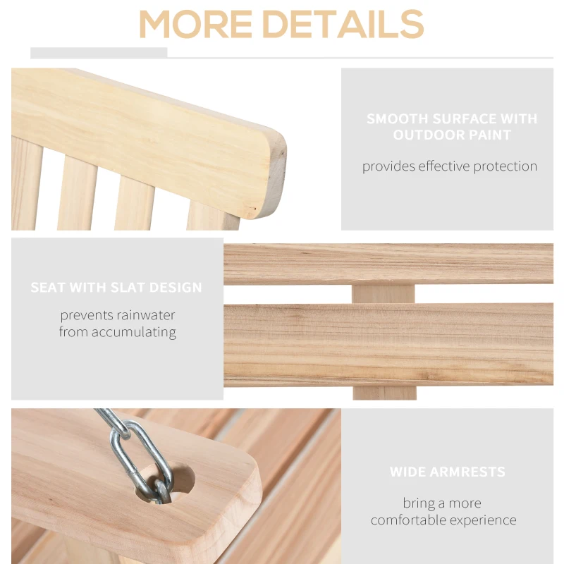 Outsunny 2-Seater Hanging Porch Swing Outdoor Patio Swing Chair Seat with Slatted Build and Chains, 440lbs Weight Capacity, Natural