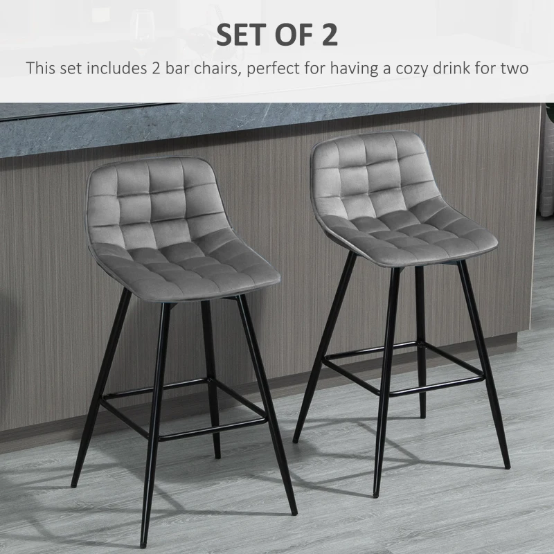 HOMCOM Bar Stools Set of 2, Fabric Upholstered Counter Height Bar Chairs, Kitchen Chairs with Back and Metal Legs, Grey