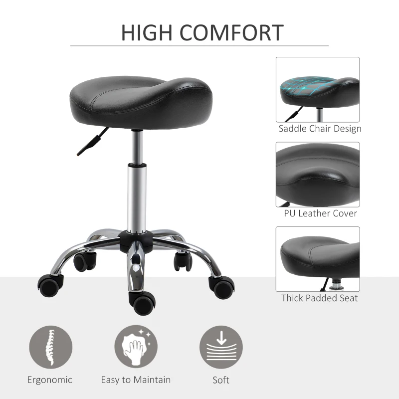 HOMCOM Saddle Stool, Height Adjustable Rolling Salon Chair with PU Leather for Massage, Spa, Clinic, Beauty and Tattoo, Black