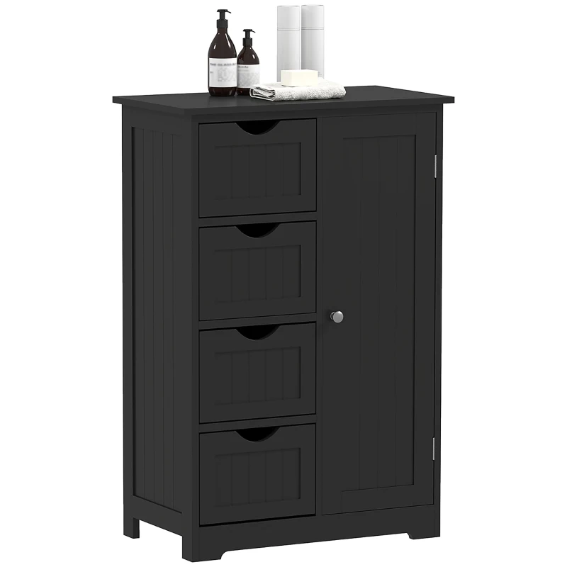 kleankin Bathroom Storage Cabinet, Floor Cabinet with Adjustable Shelf and 4 Drawers, Side Cabinet for Washroom, Black