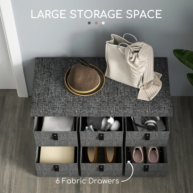 HOMCOM Shoe Bench with Seat, Shoe Storage Bench with Cushion and 6 Fabric Drawers for Entryway, Hallway, Bedroom, Charcoal Grey