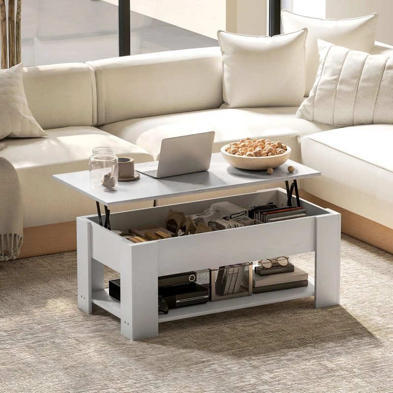 HOMCOM Lift Top Coffee Table with Hidden Storage Compartment and Open Shelf, Center Table for Living Room, White