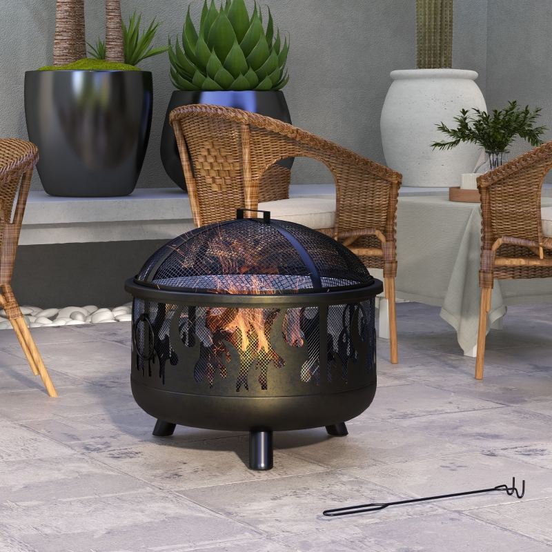 Outsunny Outdoor Metal Fire Pit, 24" Round Firepit Bowl w/ Lid Grill Poker Handles for Garden, Camping, BBQ, Bonfire, Black