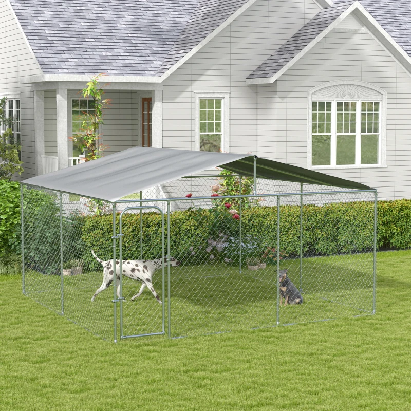PawHut Dog Kennel Outdoor, Heavy Duty Playpen with Secure Lock, Cover, for Backyard & Patio, 13.1' x 13.1' x 7.5'