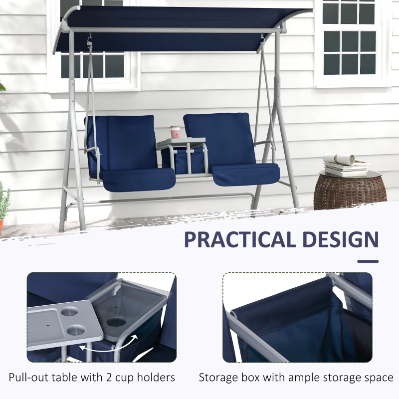 Outsunny 2-Seater Outdoor Porch Swing with Canopy and Table, Patio Swing Chair for Garden, Poolside, Backyard, Dark Blue
