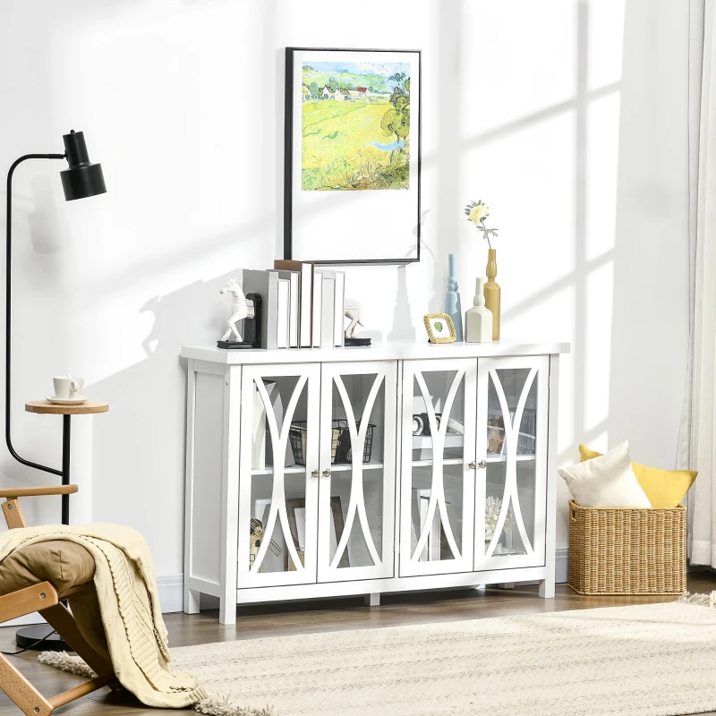 HOMCOM Sideboard, Buffet Cabinet with 4 Tempered Glass Doors, Arc Pattern and Adjustable Storage Shelf, Credenza, White
