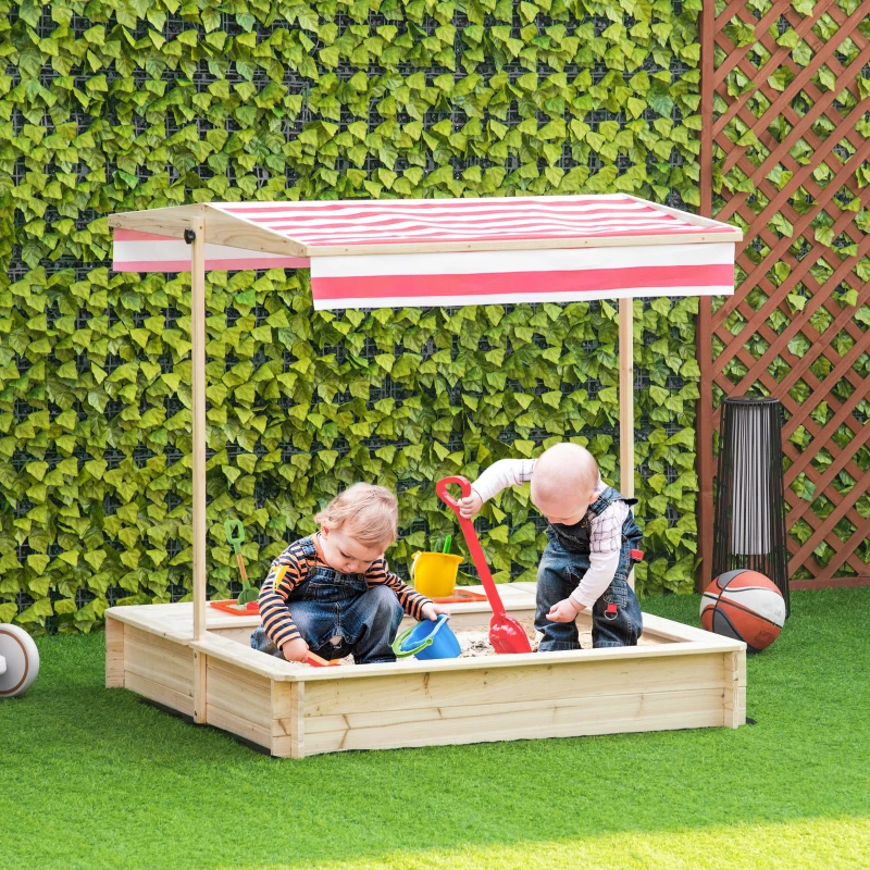 Outsunny Kids Wooden Sandbox, Covered Children Sand Playset Outdoor, w/ Adjustable Canopy Shade, Bottom Liner, Seat, Plastic Basin, Aged 3-8 Years Old, for Backyard, Beach, Natural