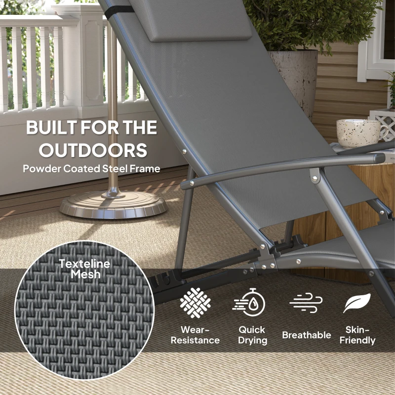 Outsunny Set of 2 Chaise Lounge Chairs, Folding Tanning Chair with Pillow, Outdoor Sun Lounger for Patio, Garden, Beach, Grey